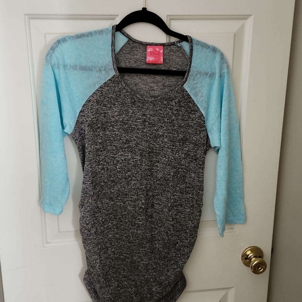 New Recruit teal and gray tunic maternity shirt, size large
